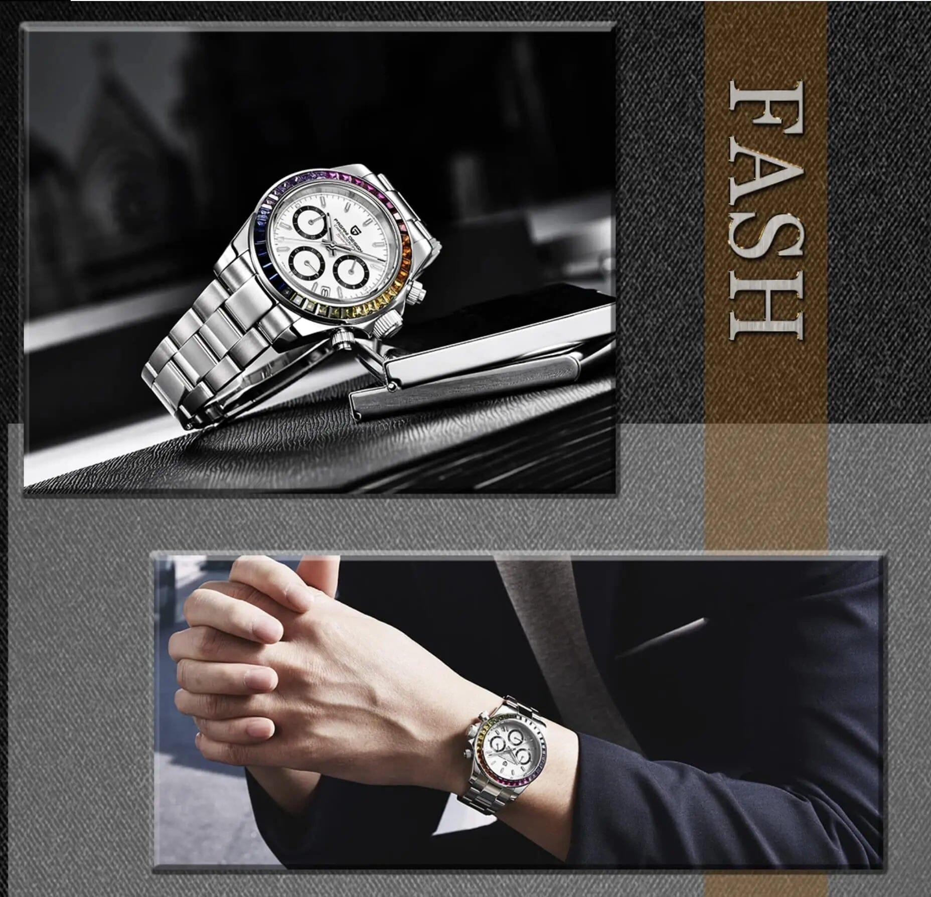 Pagani Design | Luxury | Waterproof Mechanical Automatic Movement (SeikoVK63) | Stainless Steel Men's 40MM Watch (Rainbow White) - DREAM WATCHES