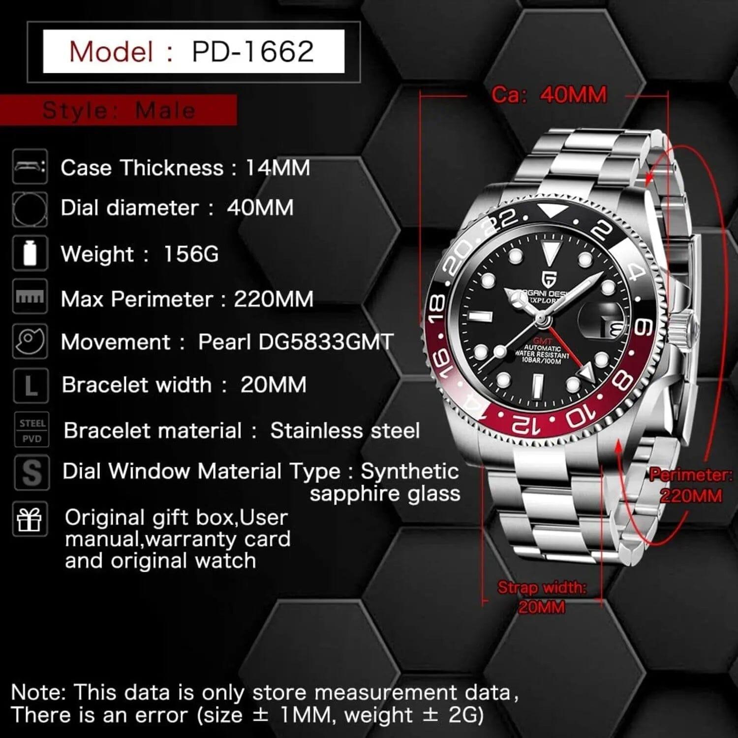 Pagani Design PD-1662 Waterproof Mechanical Automatic Watch Stainless Steel Men's 40MM Watch (Coke - Oyster Bracelet) - DREAM WATCHES