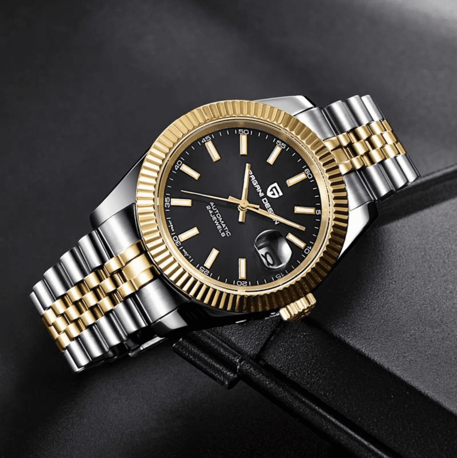 Pagani Design PD-1645 DateJust (Japan Miyota 8215 Automatic Movement) Mechanical Watch 200M Waterproof Watch Stainless Steel Watch Fluted Bezel (Black Dial - Dual Tone Jubilee Bracelet) Pagani Design watch india dream watches
