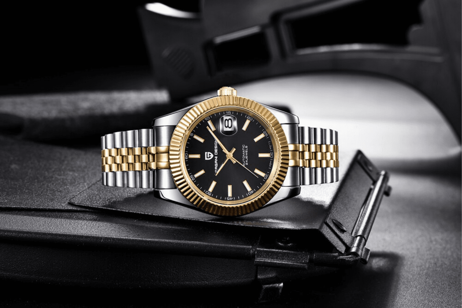 Pagani Design PD-1645 DateJust (Japan Miyota 8215 Automatic Movement) Mechanical Watch 200M Waterproof Watch Stainless Steel Watch Fluted Bezel (Black Dial - Dual Tone Jubilee Bracelet) Pagani Design watch india dream watches