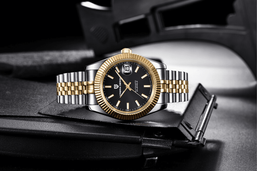Pagani Design PD-1645 DateJust (Japan Miyota 8215 Automatic Movement) Mechanical Watch 200M Waterproof Watch Stainless Steel Watch Fluted Bezel (Black Dial - Dual Tone Jubilee Bracelet) Pagani Design watch india dream watches