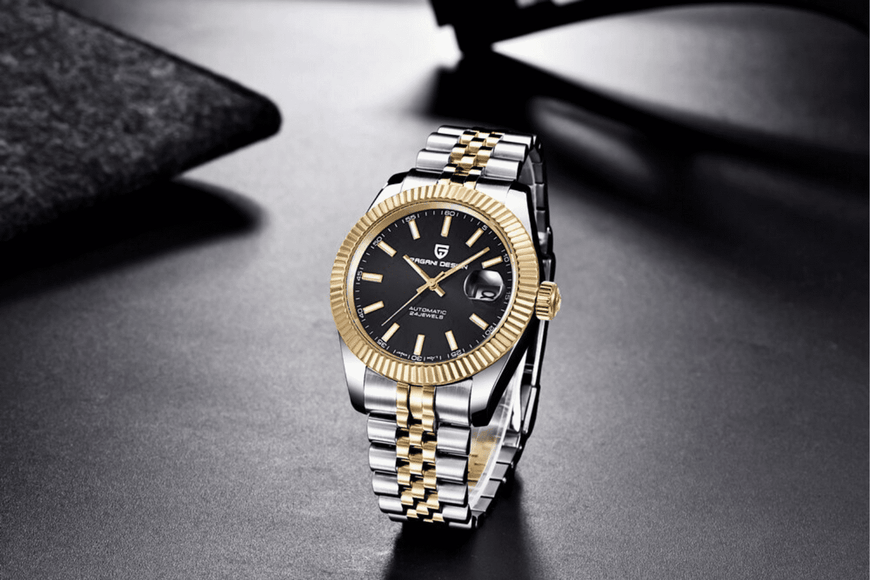 Pagani Design PD-1645 DateJust (Japan Miyota 8215 Automatic Movement) Mechanical Watch 200M Waterproof Watch Stainless Steel Watch Fluted Bezel (Black Dial - Dual Tone Jubilee Bracelet) Pagani Design watch india dream watches
