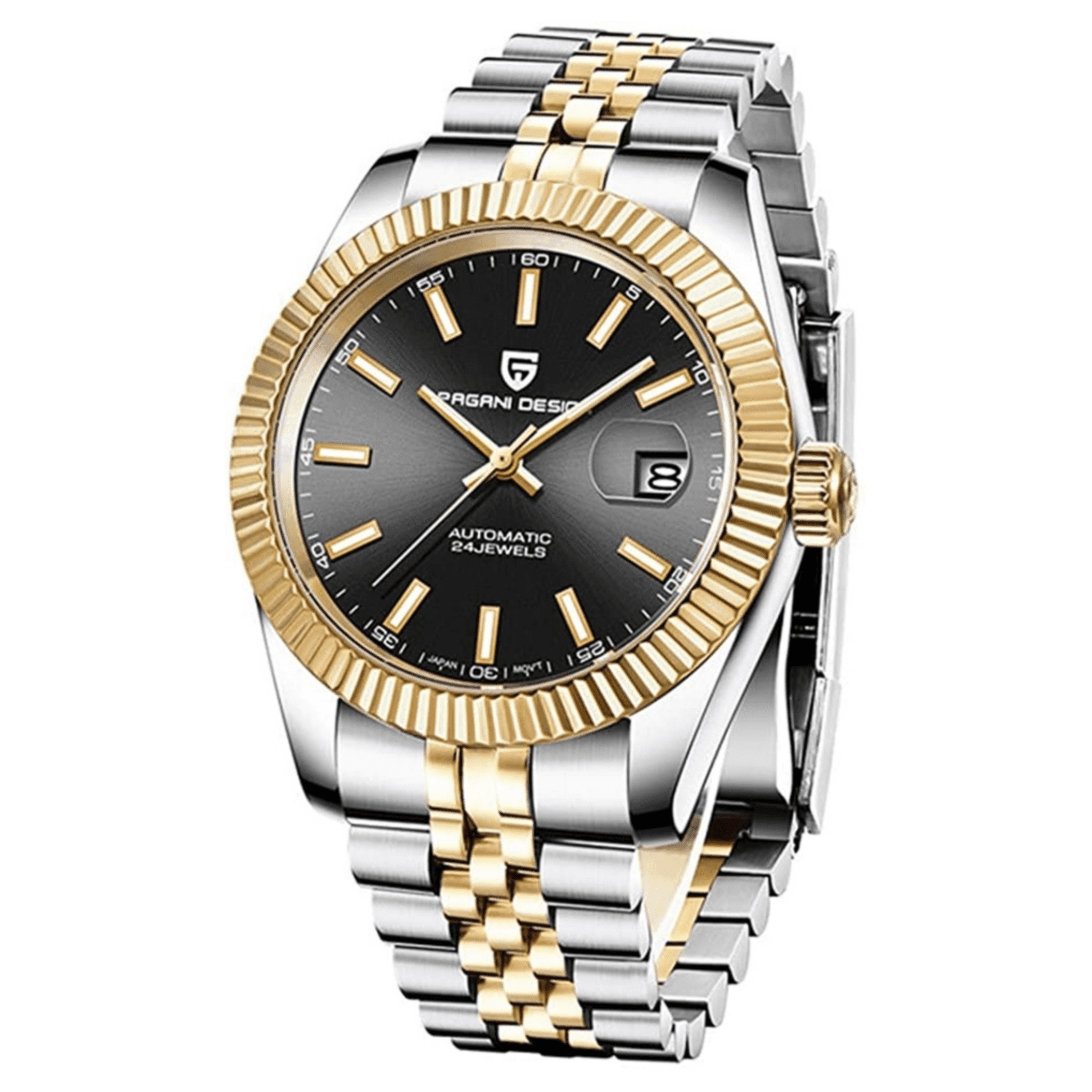 Pagani Design PD-1645 DateJust (Japan Miyota 8215 Automatic Movement) Mechanical Watch 200M Waterproof Watch Stainless Steel Watch Fluted Bezel (Black Dial - Dual Tone Jubilee Bracelet) Pagani Design watch india dream watches