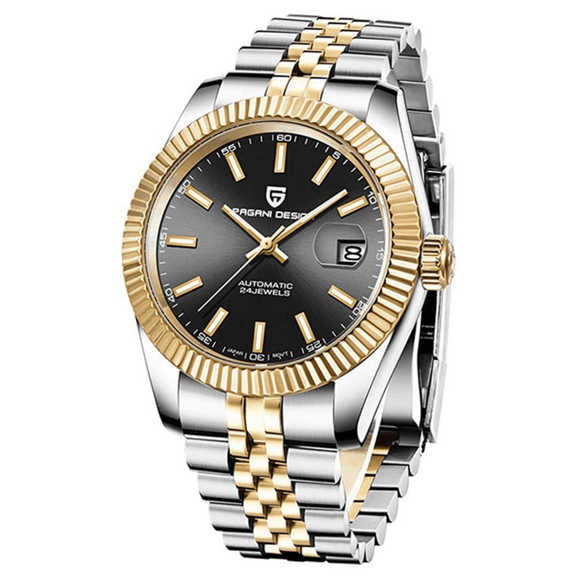 Pagani Design PD-1645 DateJust (Japan Miyota 8215 Automatic Movement) Mechanical Watch 200M Waterproof Watch Stainless Steel Watch Fluted Bezel (Black Dial - Dual Tone Jubilee Bracelet) Pagani Design watch india dream watches
