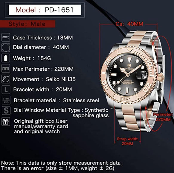 Pagani Design PD-1651 40mm Mens Automatic Waterproof Mechanical Watch with (Japanese NH-35 Movement) Yatch-Master Hommage - DREAM WATCHES
