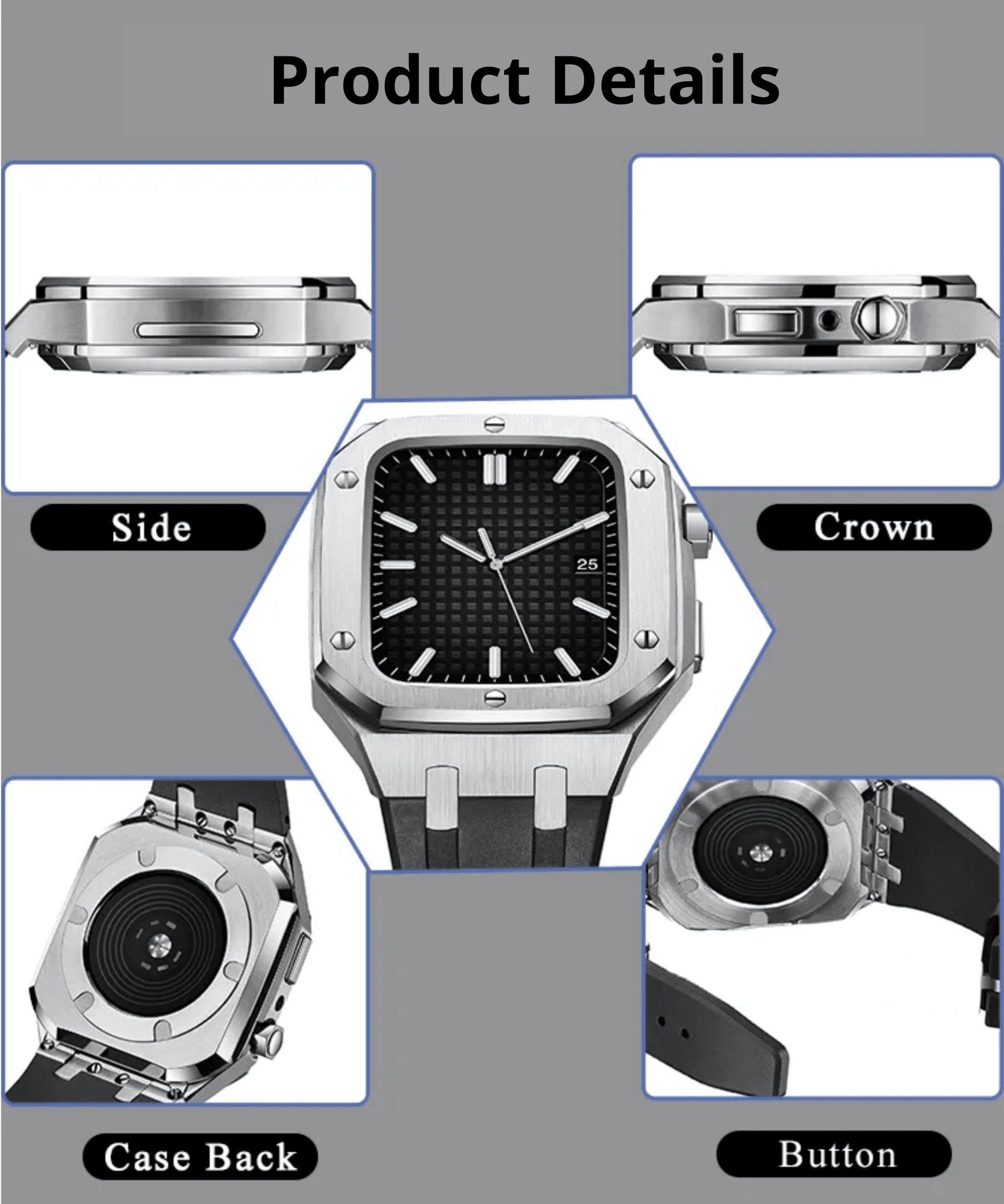 Luxury Metal Mod Kit for Apple Watch | Leather & Stainless Steel Straps | Apple Watch SE/3/4/5/6/7/8 accessory 45 mm| Silver Case - Black Band mod kits india dream watches apple watch