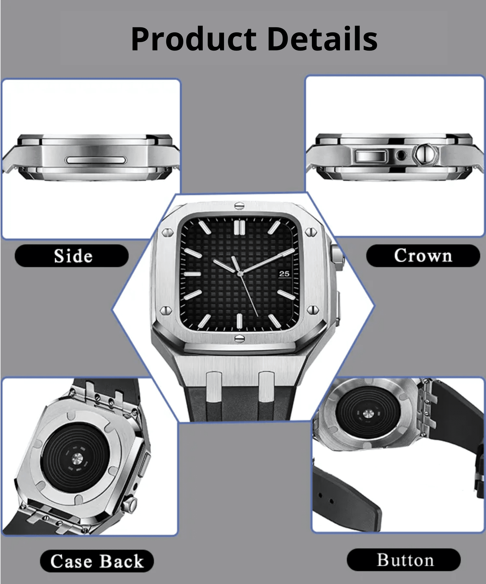 Luxury Metal Mod Kit for Apple Watch | Leather & Stainless Steel Straps | Apple Watch SE/3/4/5/6/7/8 accessory 44 mm| Silver Case - Black Band mod kits india dream watches apple watch