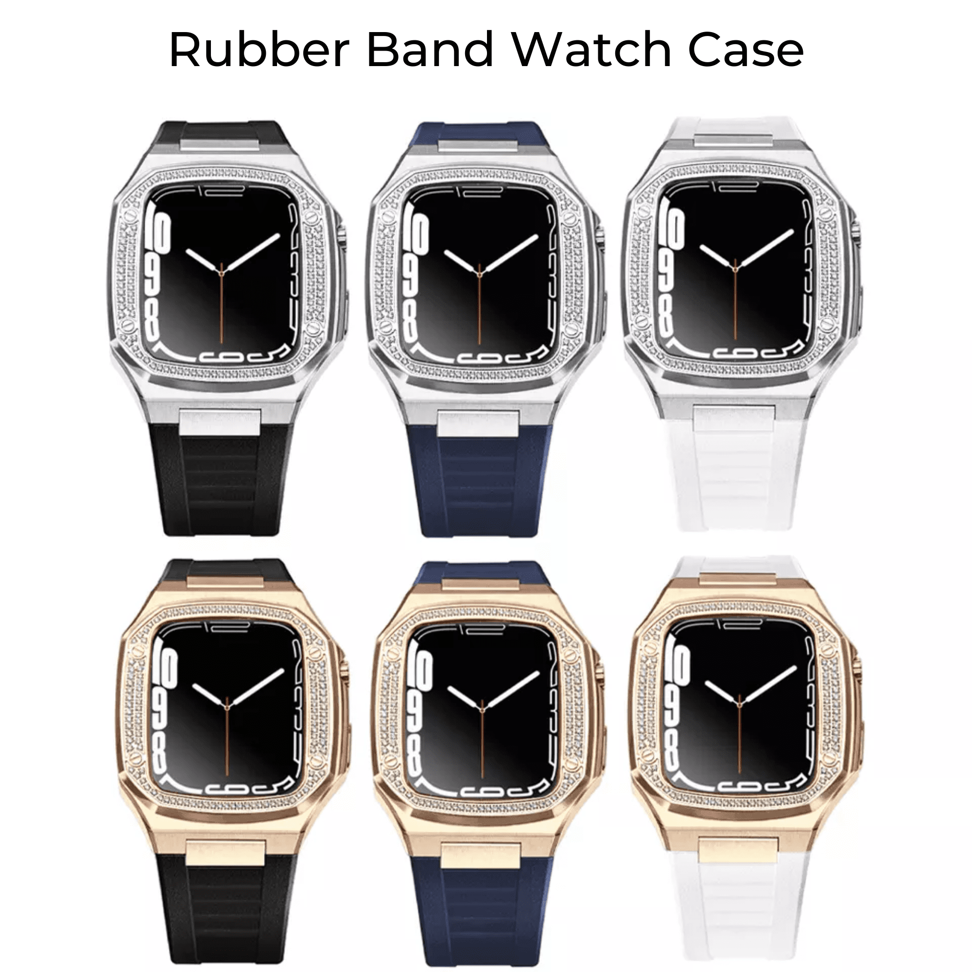 Luxury Metal Mod Kit for Apple Watch | Case with Jewels, Rubber & Stainless Steel Straps | Apple Watch SE/3/4/5/6 accessory - 45 mm| Rosè Gold case - Black Band mod kits india dream watches apple watch