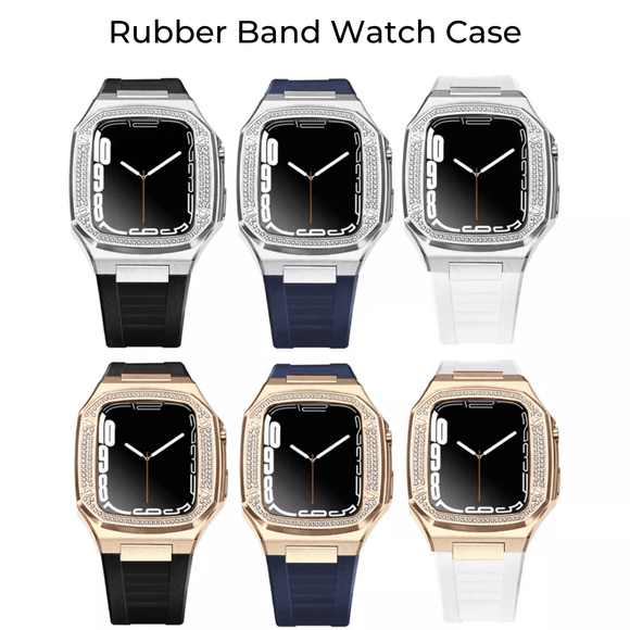 Luxury Metal Mod Kit for Apple Watch | Case with Jewels, Rubber & Stainless Steel Straps | Apple Watch SE/3/4/5/6 accessory - 44 mm| Silver case - Black Band mod kits india dream watches apple watch