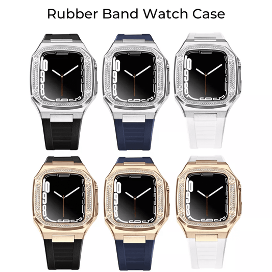 Luxury Metal Mod Kit for Apple Watch | Case with Jewels, Rubber & Stainless Steel Straps | Apple Watch SE/3/4/5/6 accessory - 44 mm| Rosè Gold case - Black Band mod kits india dream watches apple watch