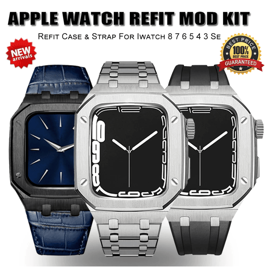 Luxury Metal Mod Kit for Apple Watch | Leather & Stainless Steel Straps | Apple Watch SE/3/4/5/6/7/8 accessory 45 mm| Silver Case - Black Band mod kits india dream watches apple watch