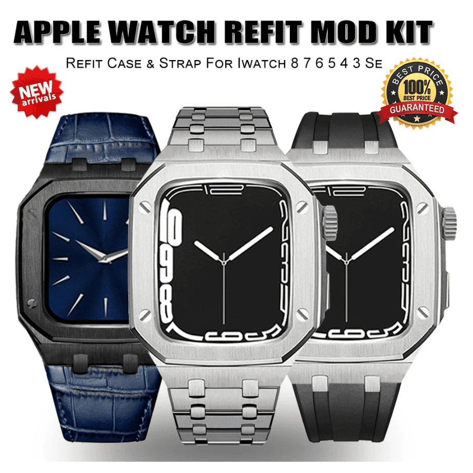Luxury Metal Mod Kit for Apple Watch | Leather & Stainless Steel Straps | Apple Watch SE/3/4/5/6/7/8 accessory 44 mm| Silver Case - Black Band mod kits india dream watches apple watch