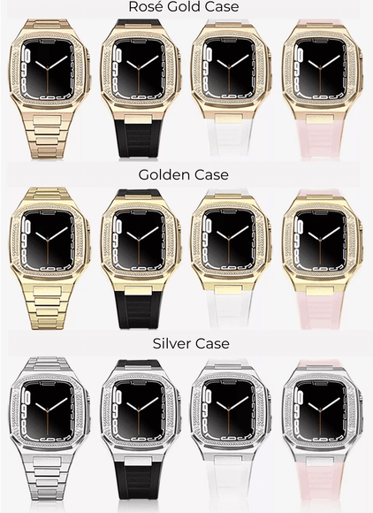 Luxury Metal Mod Kit for Apple Watch | Case with Jewels, Rubber & Stainless Steel Straps | Apple Watch SE/3/4/5/6 accessory - 44 mm| Rosè Gold case - Pink Band mod kits india dream watches apple watch
