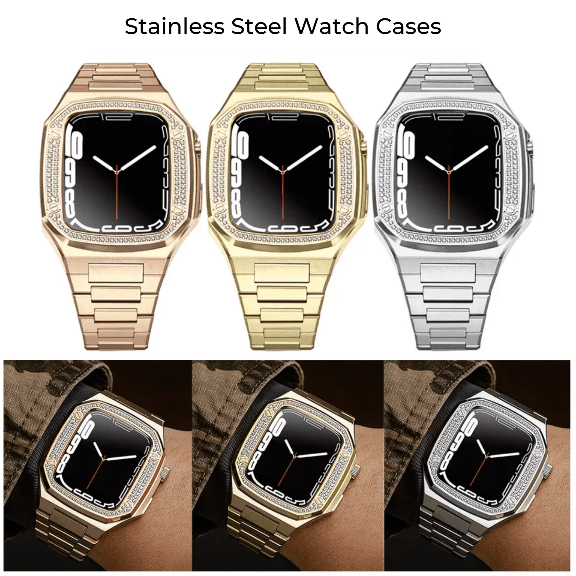 Luxury Metal Mod Kit for Apple Watch | Case with Jewels, Rubber & Stainless Steel Straps | Apple Watch SE/3/4/5/6 accessory - 44 mm| Rosè Gold Case - Rosè Gold Band mod kits india dream watches apple watch