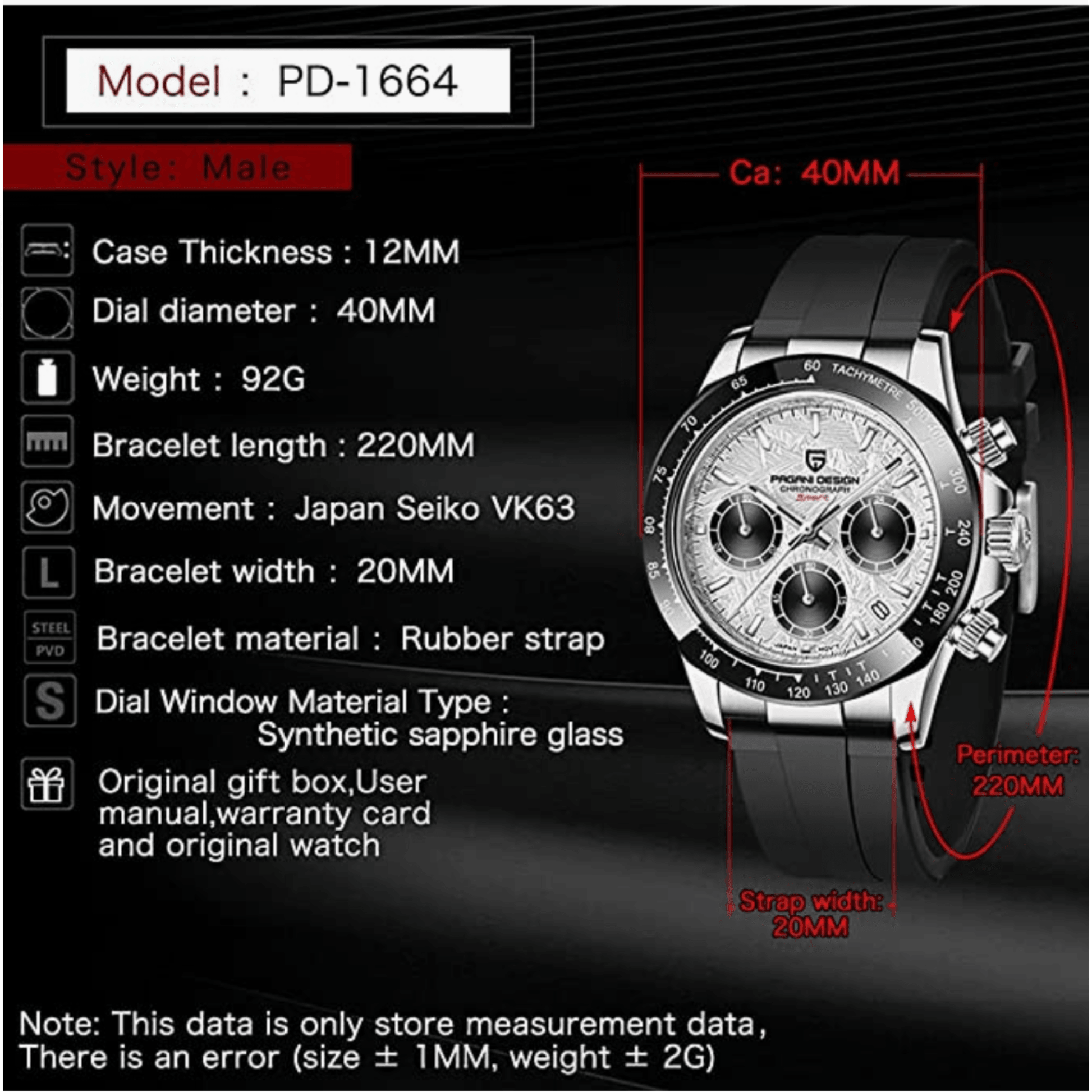 Pagani Design PD-1644 | Luxury | Waterproof Mechanical Automatic Movement SeikoVK63 | Stainless Steel Men's 40MM Watch Meteorite Dial