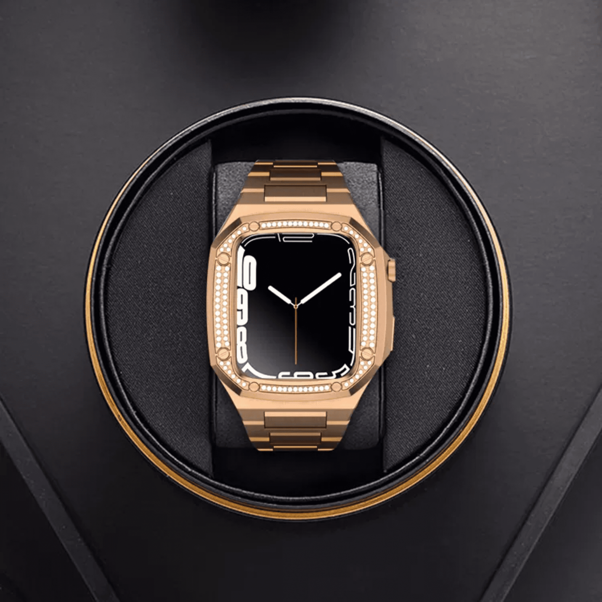 Luxury Metal Mod Kit for Apple Watch | Case with Jewels, Rubber & Stainless Steel Straps | Apple Watch SE/3/4/5/6/7/8 accessory - 45 mm| Rosè Gold Case - Rosè Gold Band mod kits india dream watches apple watch