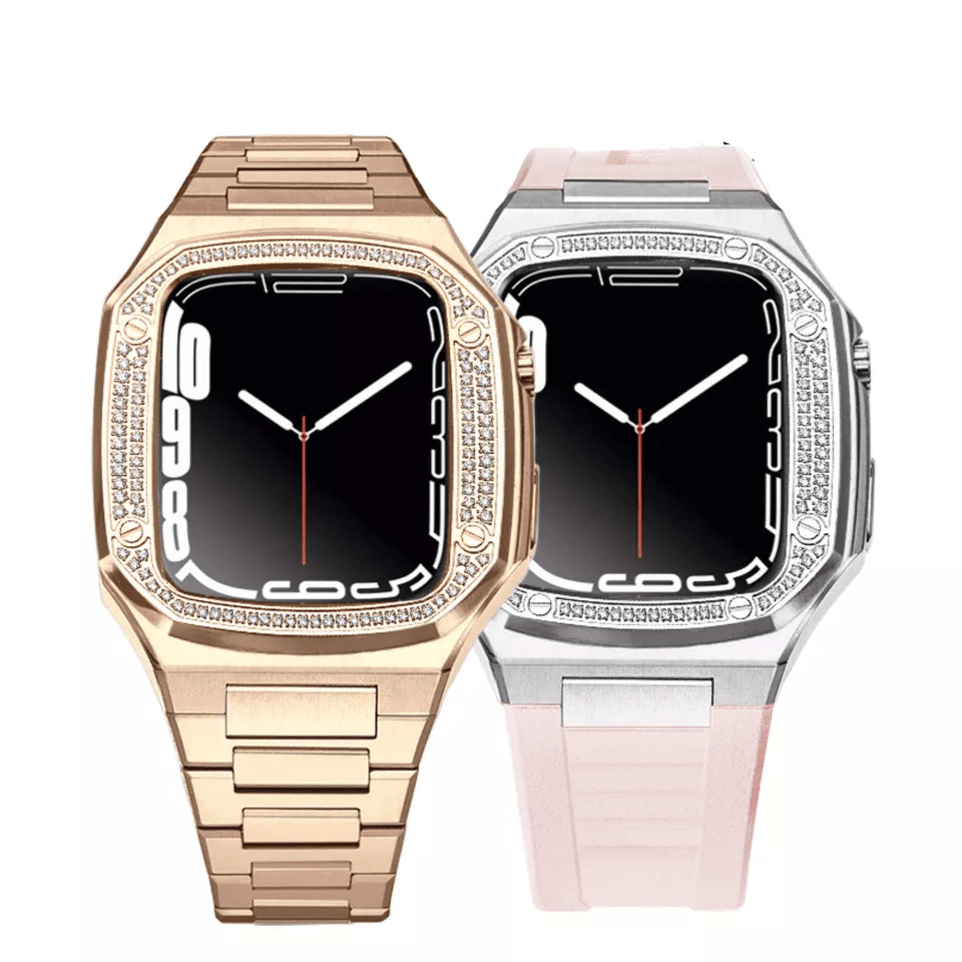 Luxury Metal Mod Kit for Apple Watch | Case with Jewels, Rubber & Stainless Steel Straps | Apple Watch SE/3/4/5/6 accessory - 44 mm| Rosè Gold case - Pink Band mod kits india dream watches apple watch