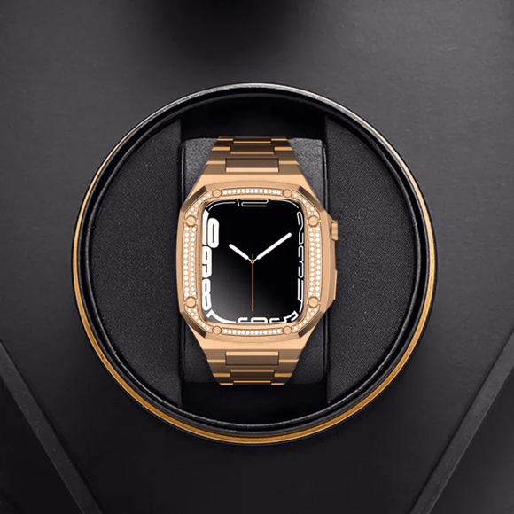 Luxury Metal Mod Kit for Apple Watch | Case with Jewels, Rubber & Stainless Steel Straps | Apple Watch SE/3/4/5/6 accessory - 44 mm| Rosè Gold Case - Rosè Gold Band mod kits india dream watches apple watch