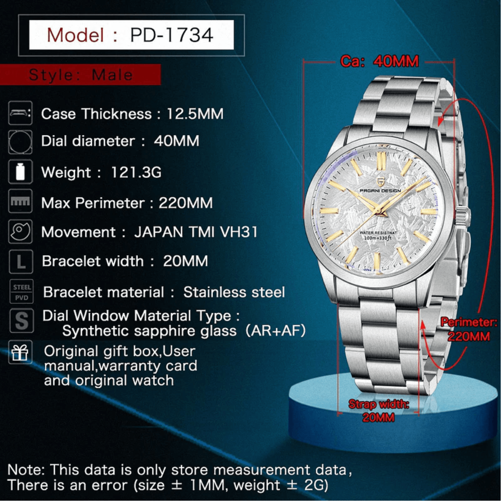 Pagani Design PD-1734 GS Luxury Quartz Movement Japanese VH31 | Stainless Steel Palm Leaf Dial Men's 40MM Watch