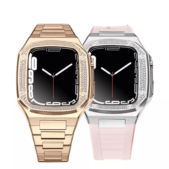 Luxury Metal Mod Kit for Apple Watch | Case with Jewels, Rubber & Stainless Steel Straps | Apple Watch 7/8 accessory - 45 mm| Silver case - Silver Band mod kits india dream watches apple watch