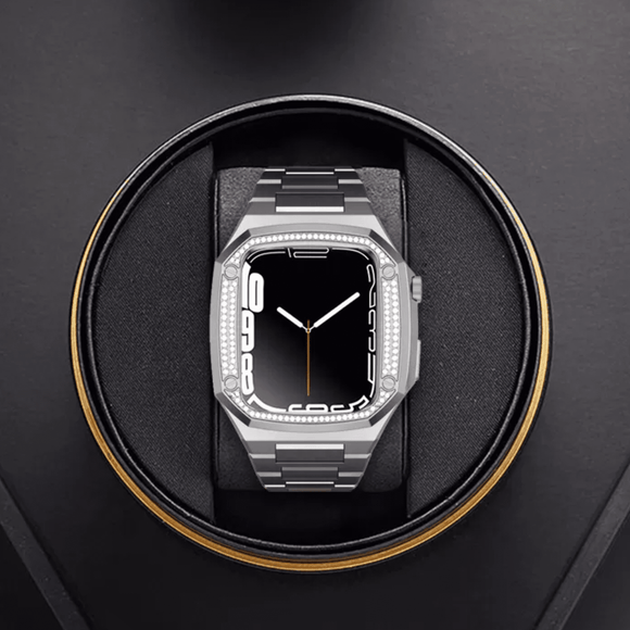 Luxury Metal Mod Kit for Apple Watch | Case with Jewels, Rubber & Stainless Steel Straps | Apple Watch 7/8 accessory - 45 mm| Silver case - Silver Band mod kits india dream watches apple watch