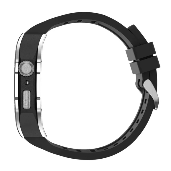 Golden Concept Style Case and Strap for Apple Watch | Luxury & Sporty Apple Watch Case & Fashion Accessory | Mod Kit Replacement for Apple Watch Series SE/3/4/5/67/8 44 mm| Silver Case - Black Band mod kits india dream watches apple watch