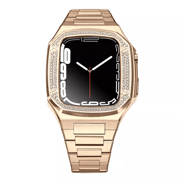 Luxury Metal Mod Kit for Apple Watch | Case with Jewels, Rubber & Stainless Steel Straps | Apple Watch SE/3/4/5/6 accessory - 44 mm| Rosè Gold Case - Rosè Gold Band mod kits india dream watches apple watch