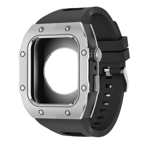 Golden Concept Style Case and Strap for Apple Watch | Luxury & Sporty Apple Watch Case & Fashion Accessory | Mod Kit Replacement for Apple Watch Series SE/3/4/5/67/8 44 mm| Silver Case - Black Band mod kits india dream watches apple watch
