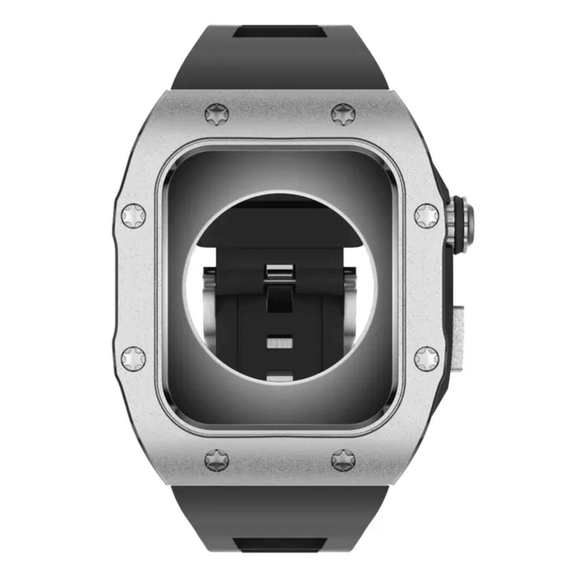 Golden Concept Style Case and Strap for Apple Watch | Luxury & Sporty Apple Watch Case & Fashion Accessory | Mod Kit Replacement for Apple Watch Series SE/3/4/5/67/8 44 mm| Silver Case - Black Band mod kits india dream watches apple watch