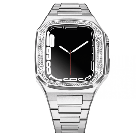 Luxury Metal Mod Kit for Apple Watch | Case with Jewels, Rubber & Stainless Steel Straps | Apple Watch 7/8 accessory - 45 mm| Silver case - Silver Band mod kits india dream watches apple watch