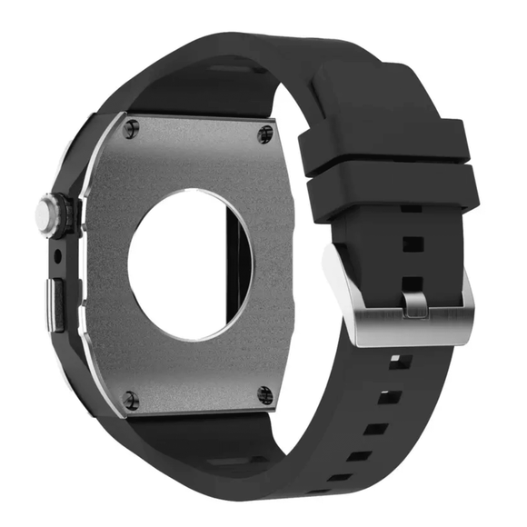 Golden Concept Style Case and Strap for Apple Watch | Luxury & Sporty Apple Watch Case & Fashion Accessory | Mod Kit Replacement for Apple Watch Series SE/3/4/5/67/8 44 mm| Silver Case - Black Band mod kits india dream watches apple watch