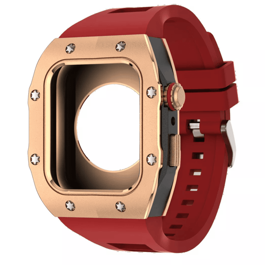 Golden Concept Style Case and Strap for Apple Watch | Luxury & Sporty Apple Watch Case & Fashion Accessory | Mod Kit Replacement for Apple Watch Series SE/3/4/5/67/8 45 mm| Rosè Gold Case - Red Band mod kits india dream watches apple watch