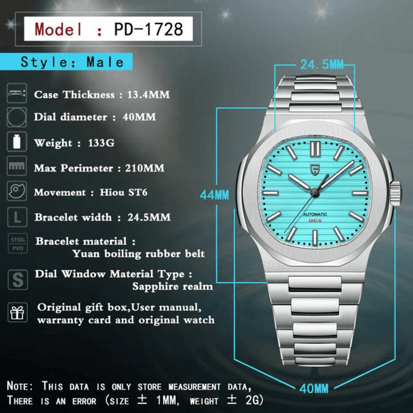 Pagani Design PD-1728 Nautilus Homage Automatic Movement ST6 | Stainless Steel Dial Men's 40MM Watch | Tiffany Blue Dial