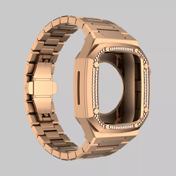 Luxury Metal Mod Kit for Apple Watch | Case with Jewels, Rubber & Stainless Steel Straps | Apple Watch SE/3/4/5/6 accessory - 44 mm| Rosè Gold Case - Rosè Gold Band mod kits india dream watches apple watch