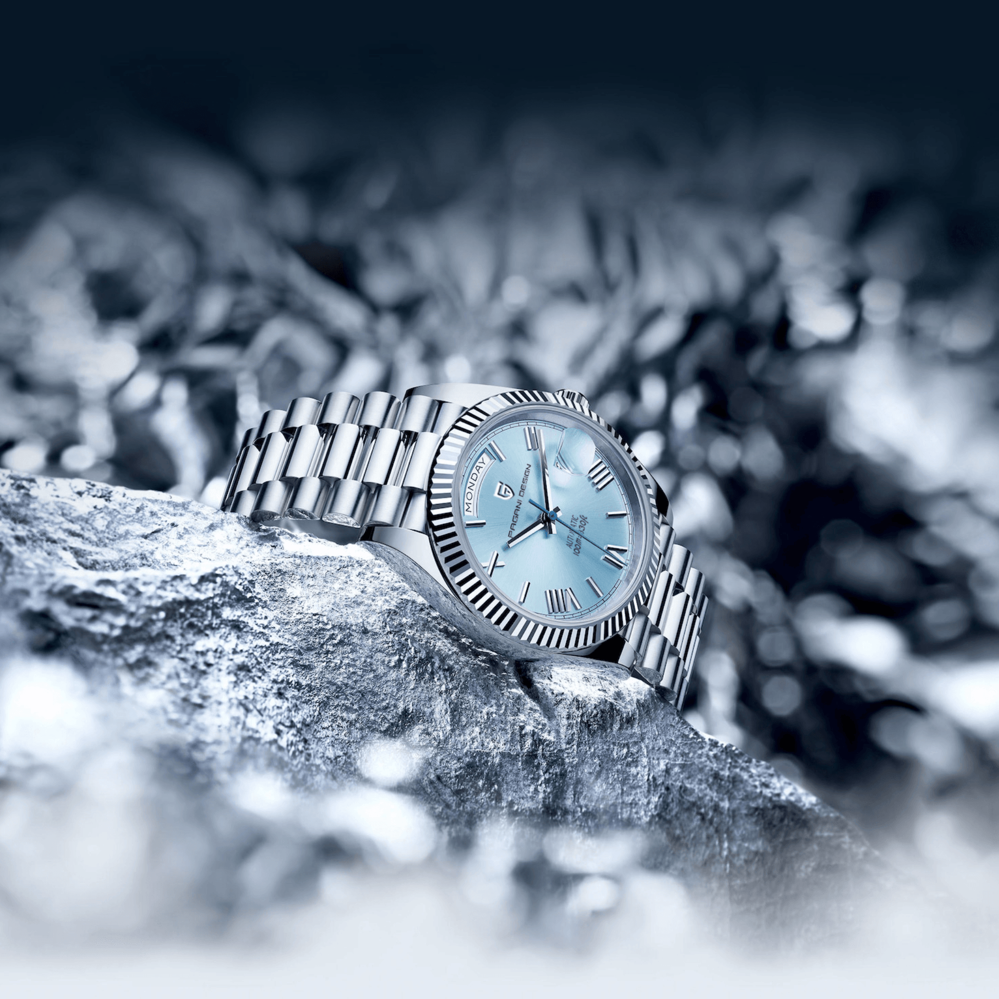 Pagani Design PD-1752 Presidential Day-Date Homage Automatic Movement ST6 | Stainless Steel Dial Men's 36 MM Watch | Ice Blue Dial