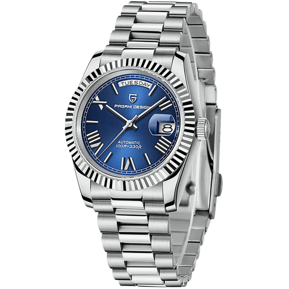 Pagani Design PD-1752 Presidential Day-Date Homage Automatic Movement ST6 | Stainless Steel Dial Men's 36 MM Watch | Deep Blue Dial