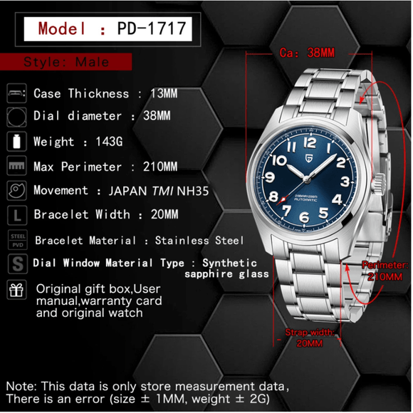 Pagani Design PD-1717 38 MM Japan NH35A Automatic Movement AR Coating Mechanical Watch Stainless Steel Watch Spirit Pilot Homage V2- Blue