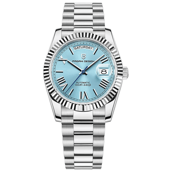 Pagani Design PD-1752 Presidential Day-Date Homage Automatic Movement ST6 | Stainless Steel Dial Men's 36 MM Watch | Ice Blue Dial