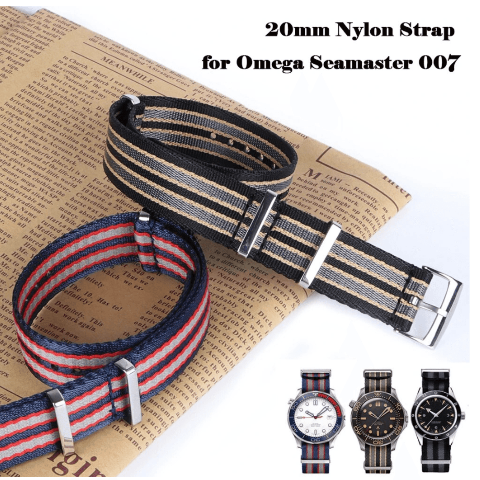 Premium Nylon Straps and Bands 20mm With Stainless Steel Buckle - Red/ Blue