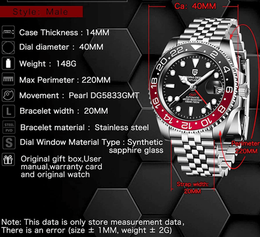 Pagani Design PD-1662 Waterproof Mechanical Automatic Watch Stainless Steel Men's 40MM Watch Coke - Jubilee Bracelet