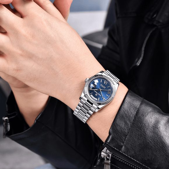 Pagani Design PD-1752 Presidential Day-Date Homage Automatic Movement ST6 | Stainless Steel Dial Men's 36 MM Watch | Deep Blue Dial
