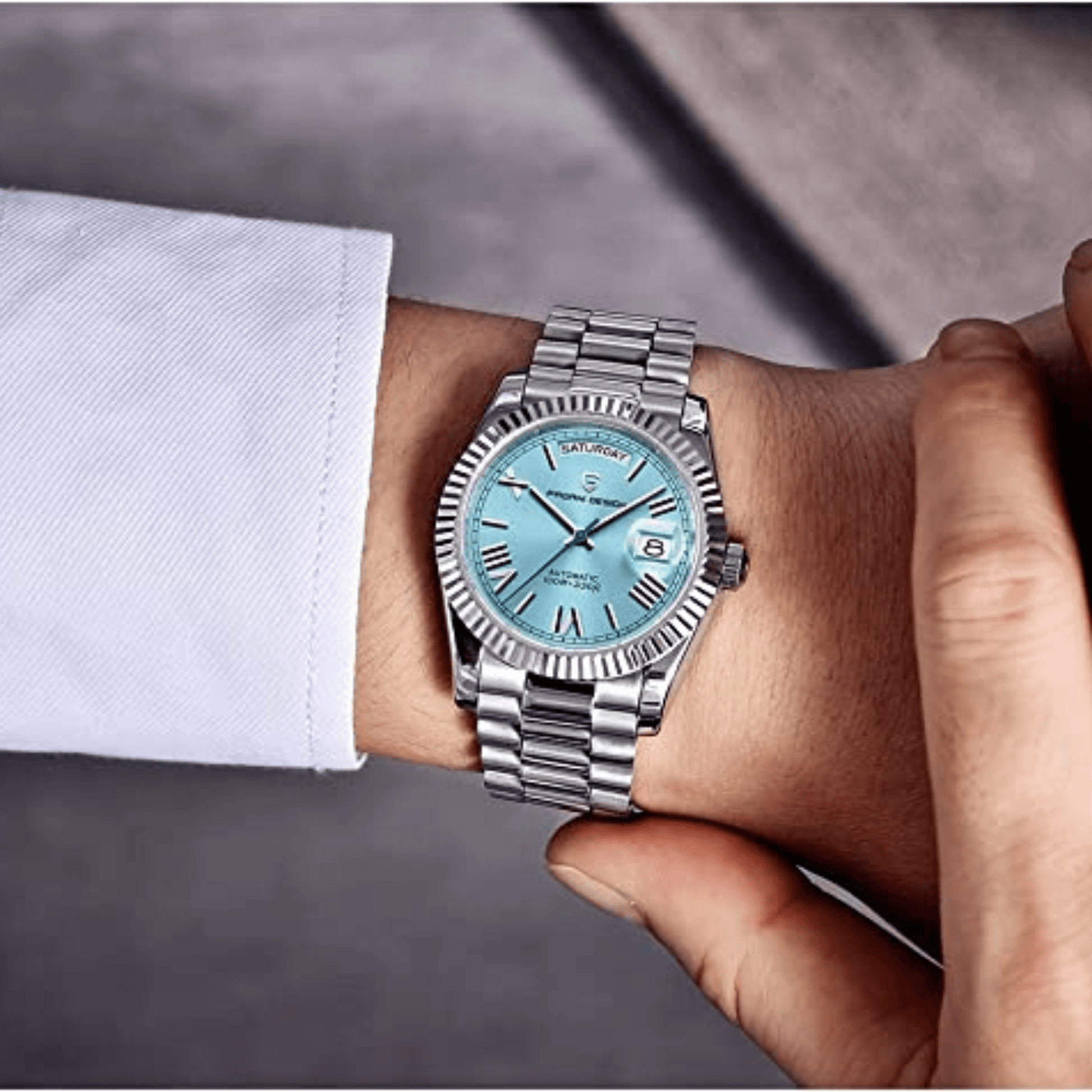 Pagani Design PD-1752 Presidential Day-Date Homage Automatic Movement ST6 | Stainless Steel Dial Men's 36 MM Watch | Ice Blue Dial
