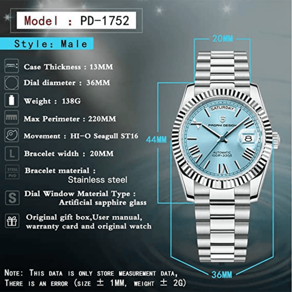 Pagani Design PD-1752 Presidential Day-Date Homage Automatic Movement ST6 | Stainless Steel Dial Men's 36 MM Watch | Ice Blue Dial