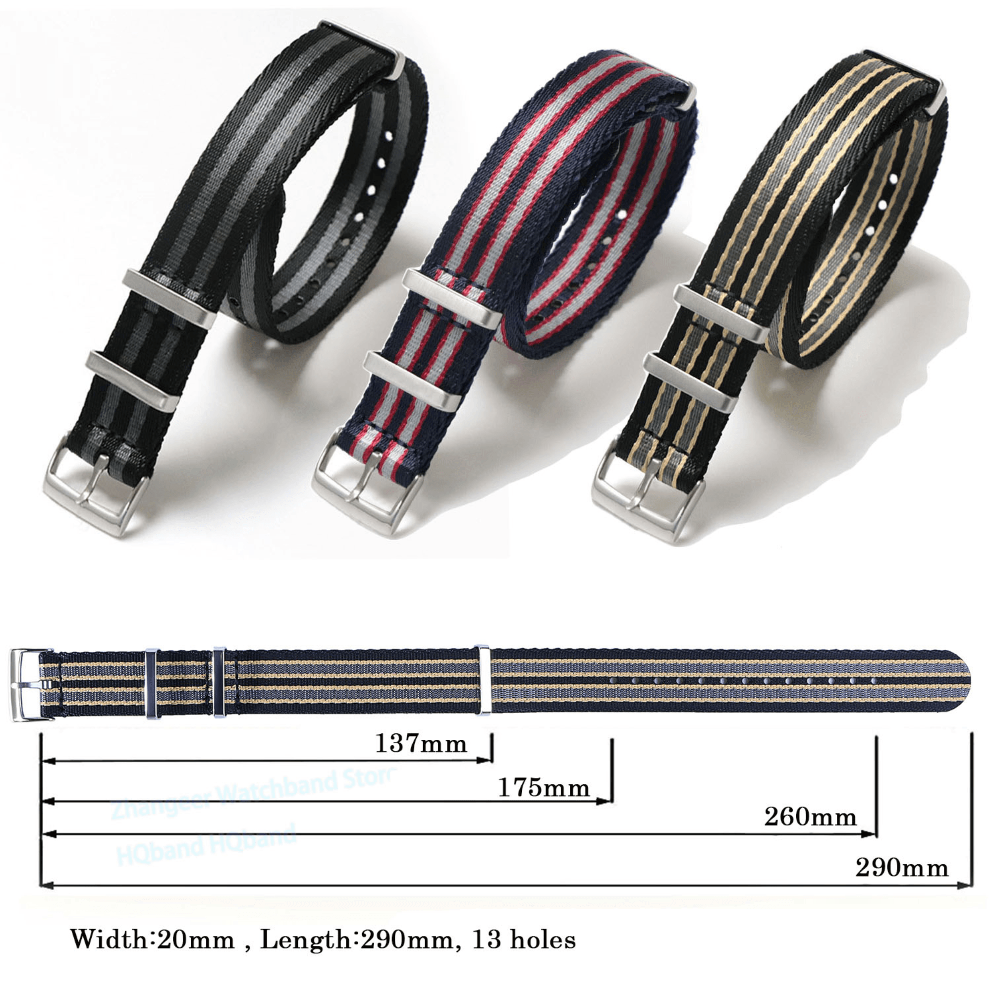 Premium Nylon Straps and Bands 20mm With Stainless Steel Buckle - Black/ Grey