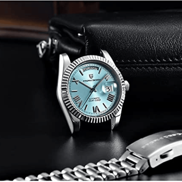 Pagani Design PD-1752 Presidential Day-Date Homage Automatic Movement ST6 | Stainless Steel Dial Men's 36 MM Watch | Ice Blue Dial