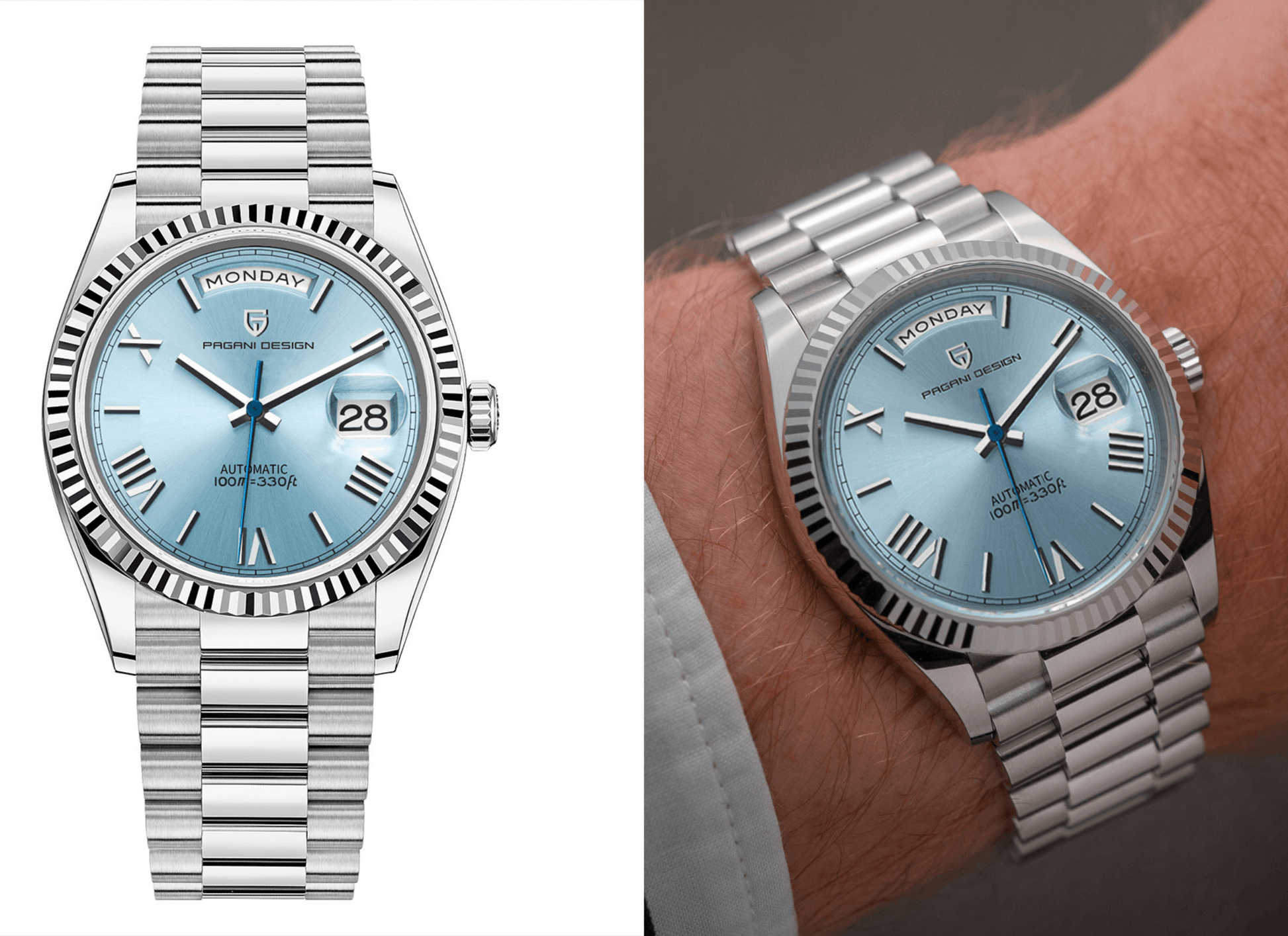 Pagani Design PD-1752 Presidential Day-Date Homage Automatic Movement ST6 | Stainless Steel Dial Men's 36 MM Watch | Ice Blue Dial