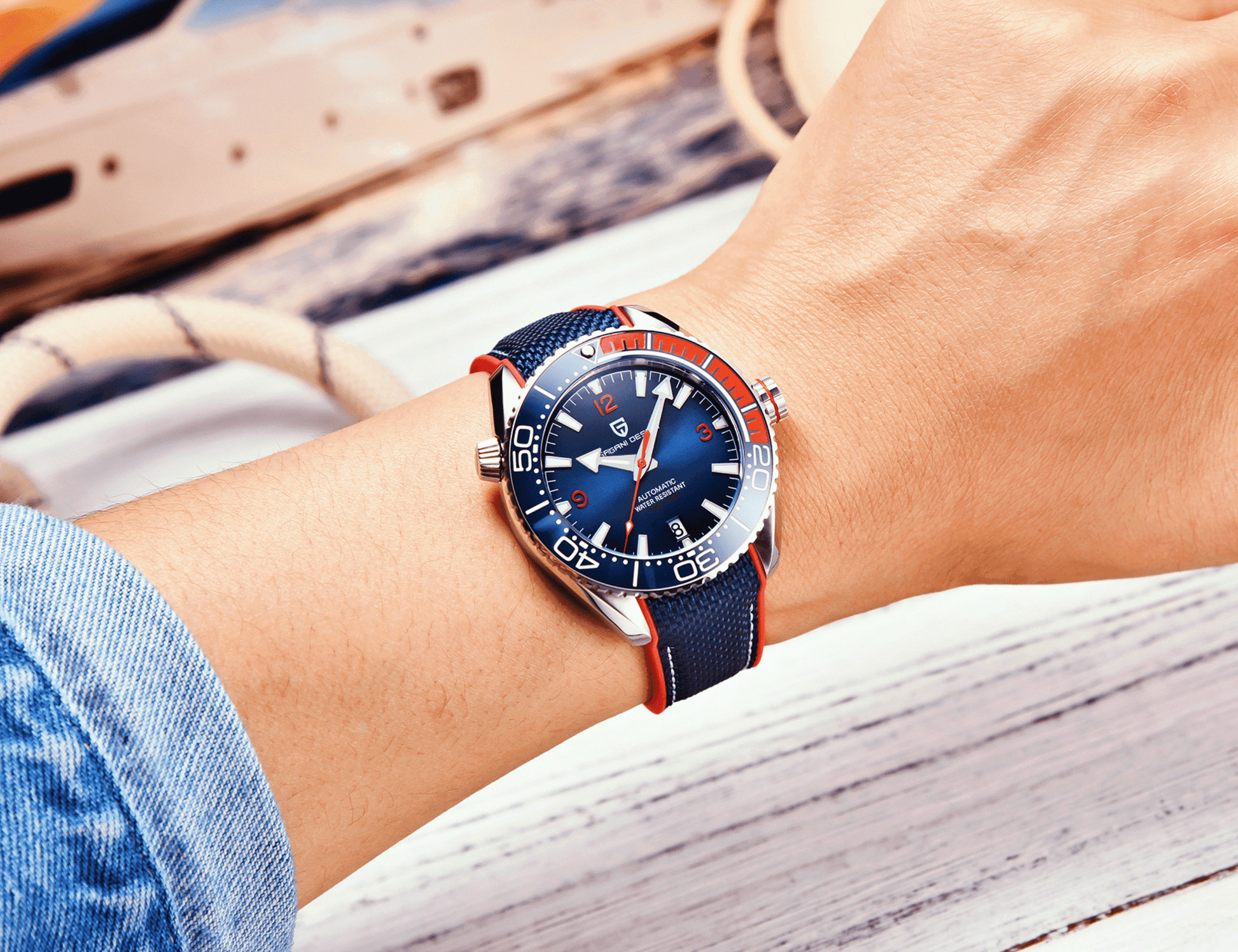 Pagani Design PD-1679M 42MM Japanese NH-35 Automatic Movement Mechanical Watch 100M Waterproof Dive Watch Sapphire Stainless Steel Bracelet Watch "Seamaster 300" - White Dial