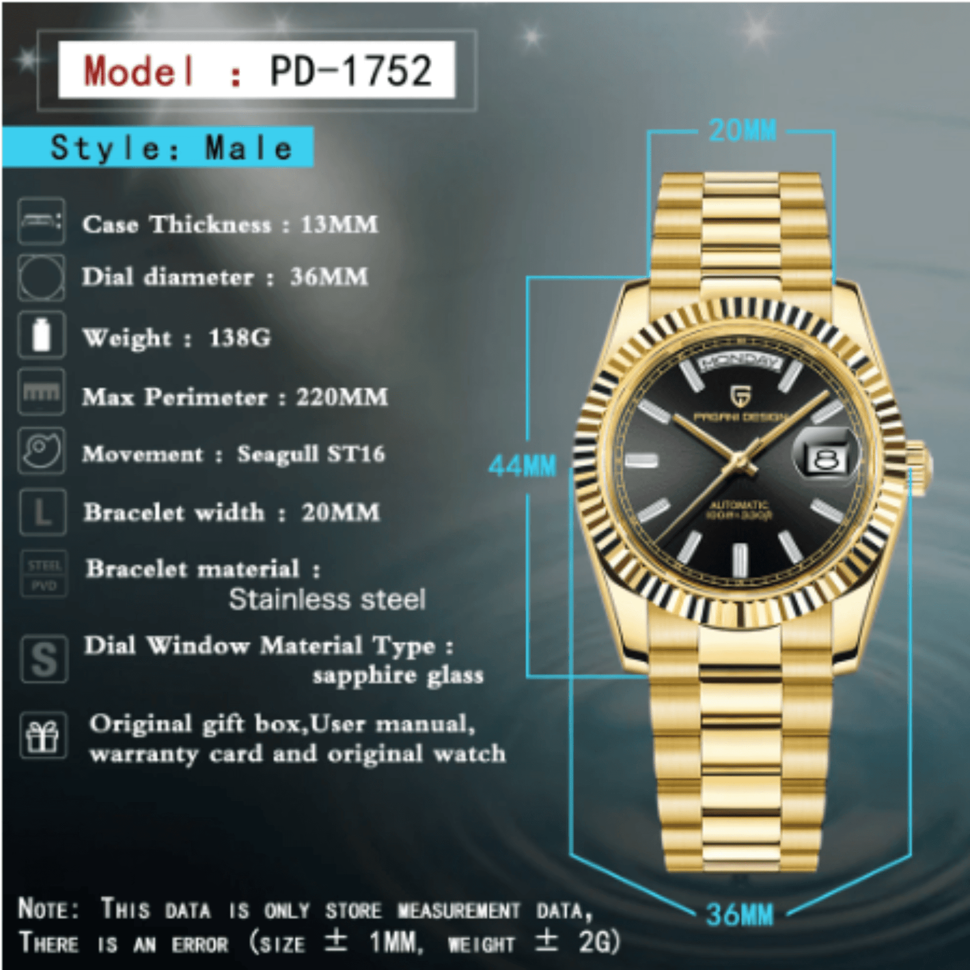 Pagani Design PD-1752 Presidential Day-Date Homage Automatic Movement ST6 | Stainless Steel Dial Men's 36 MM Watch | Black Dial - Golden