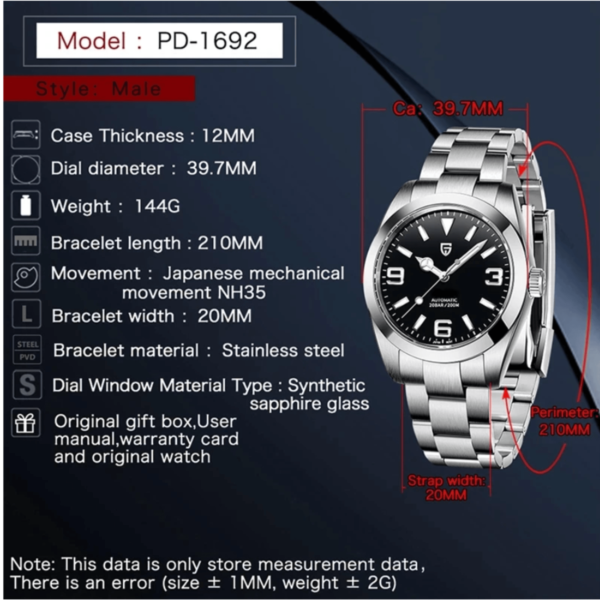 Pagani Design PD-1692 39.7 MM Japan NH35 Automatic Movement Mechanical Watch Stainless Steel Watch - New Explorer