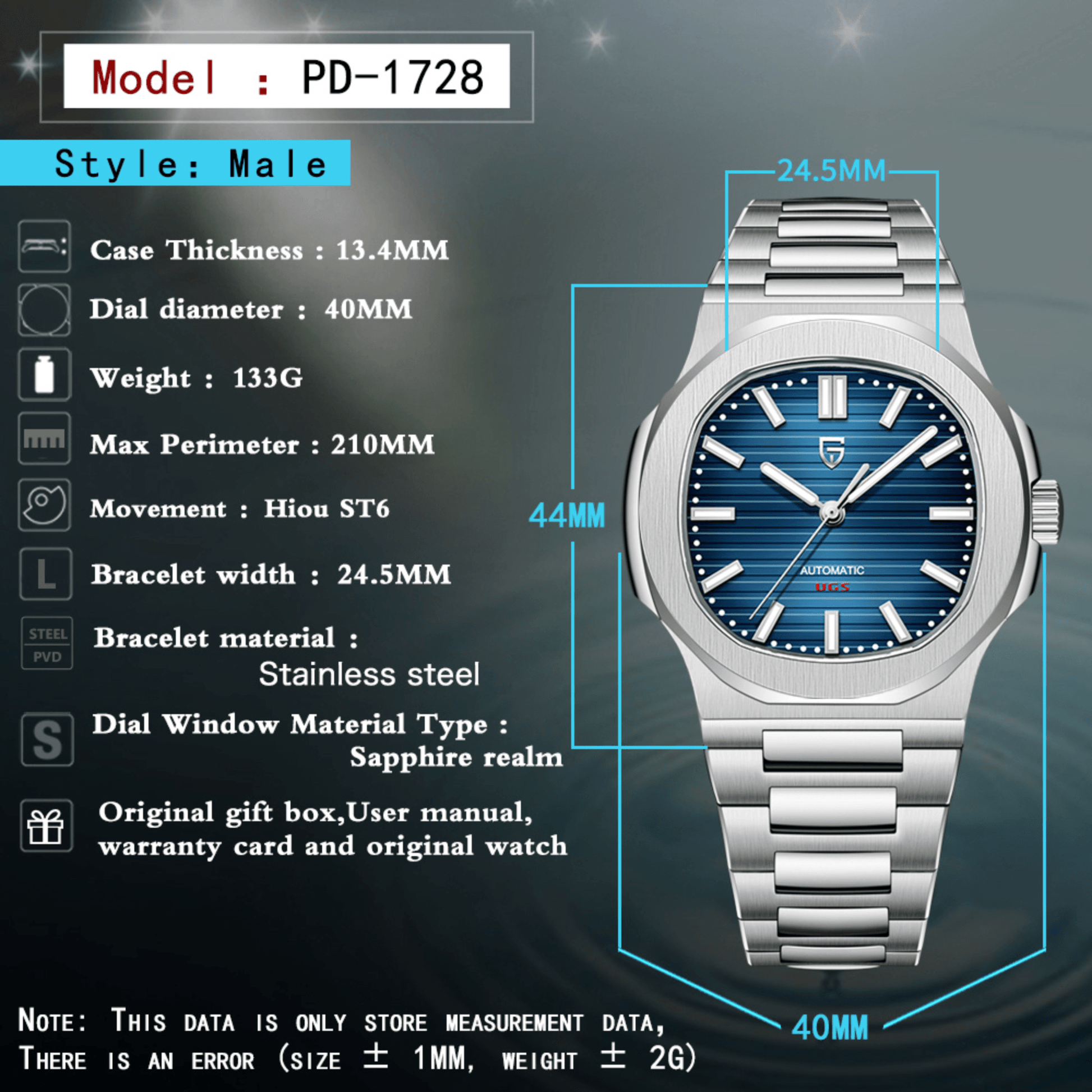 Pagani Design PD-1728 Nautilus Homage Automatic Movement ST6 | Stainless Steel Dial Men's 40MM Watch | Deep Blue Dial